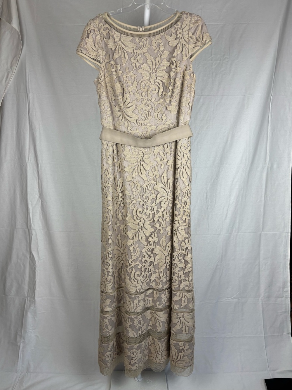 Tadashi Shoji Cream Lace Maxi Dress with Belt Detail